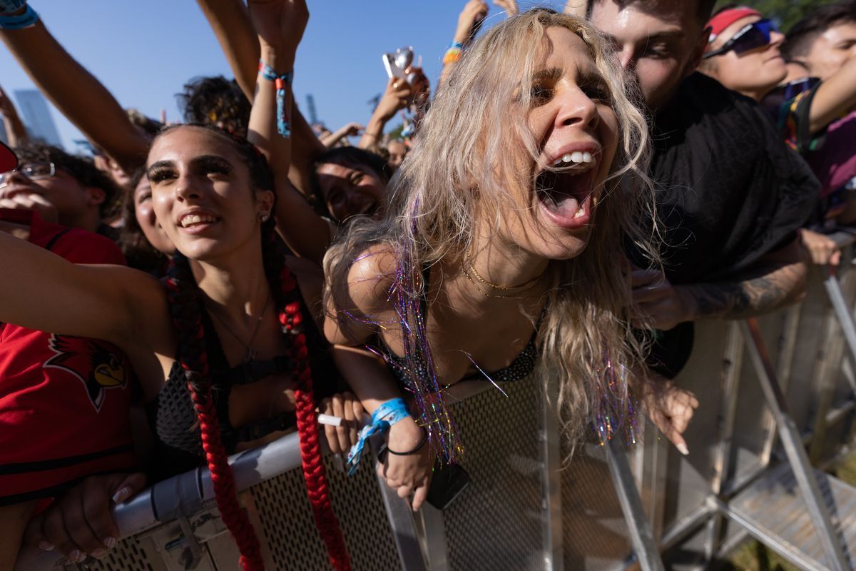 Junge Zuschauer beim Lollapalooza-Musikfestival heben die Hände und schreien vor Aufregung beim Musikfestival in Chicago.