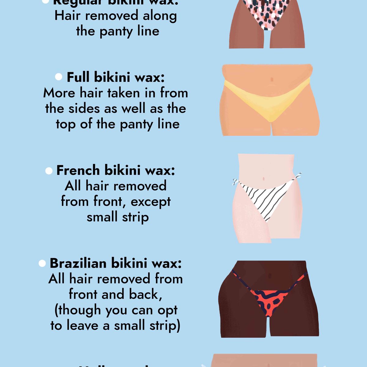 5 bendri bikini vaško stiliai