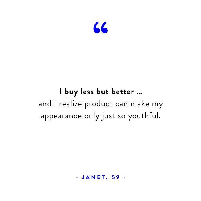 Unser Pull-Zitat „Ich kaufe weniger, aber besser - und mir ist klar, dass ein Produkt mein Aussehen nur so jugendlich machen kann.“ - Janet, 59