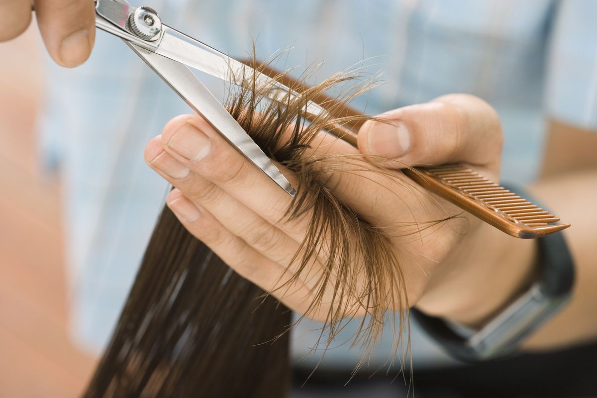 Friseur schneidet Haare im Salon, konzentriert sich auf Haare, Hände und Scheren, Nahaufnahme