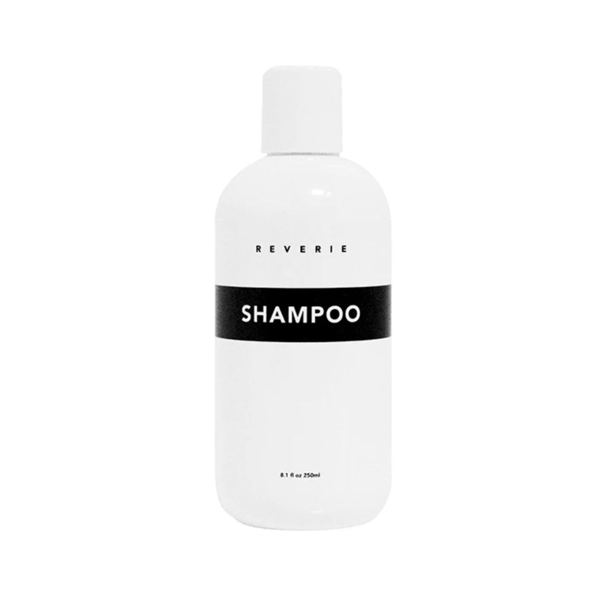 Weiße Flasche Shampoo mit einem schwarzen Etikett auf einem weißen Hintergrund.