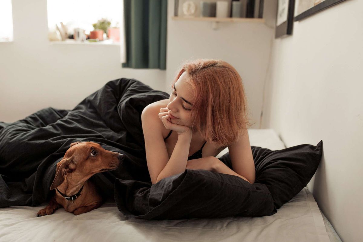 Mujer joven, relajante, en cama, con, perro salchicha