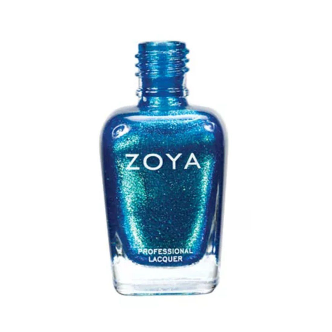 Botella de esmalte de uñas brillante azul y verde que cambia de color.