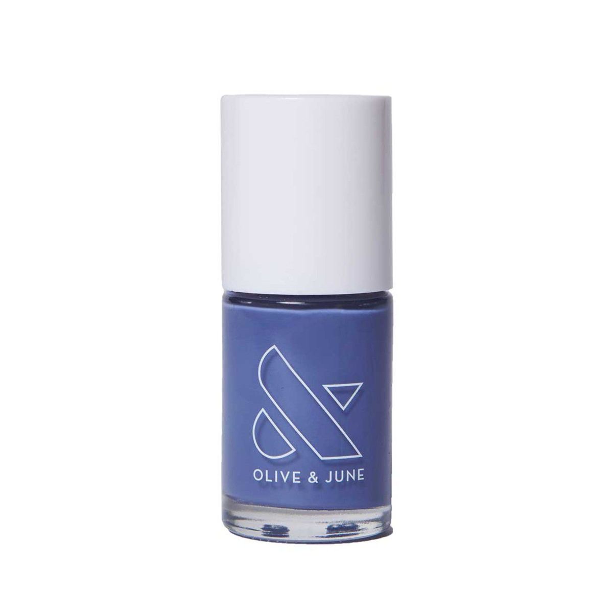 Botella de esmalte de uñas Periwinkle azul sobre un fondo blanco.