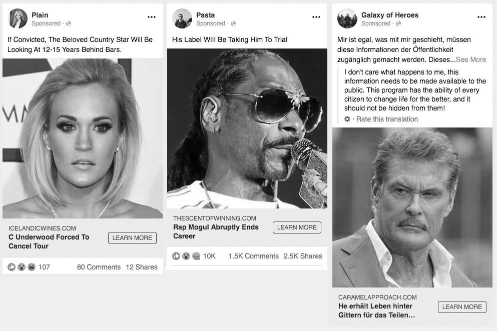 Drei Beispiele für Betrugsanzeigen über Prominente auf Facebook enthalten ein Bild von Snoop Dogg mit der Schlagzeile