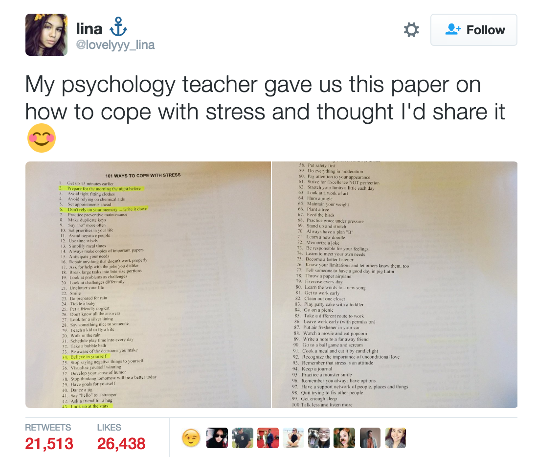 Folk elsker denne lærers liste over måder, eleverne kan håndtere stress på