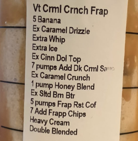 A nyugta egy vent karamell frappuccino oldalán, amely 13 további összetevőt tartalmaz