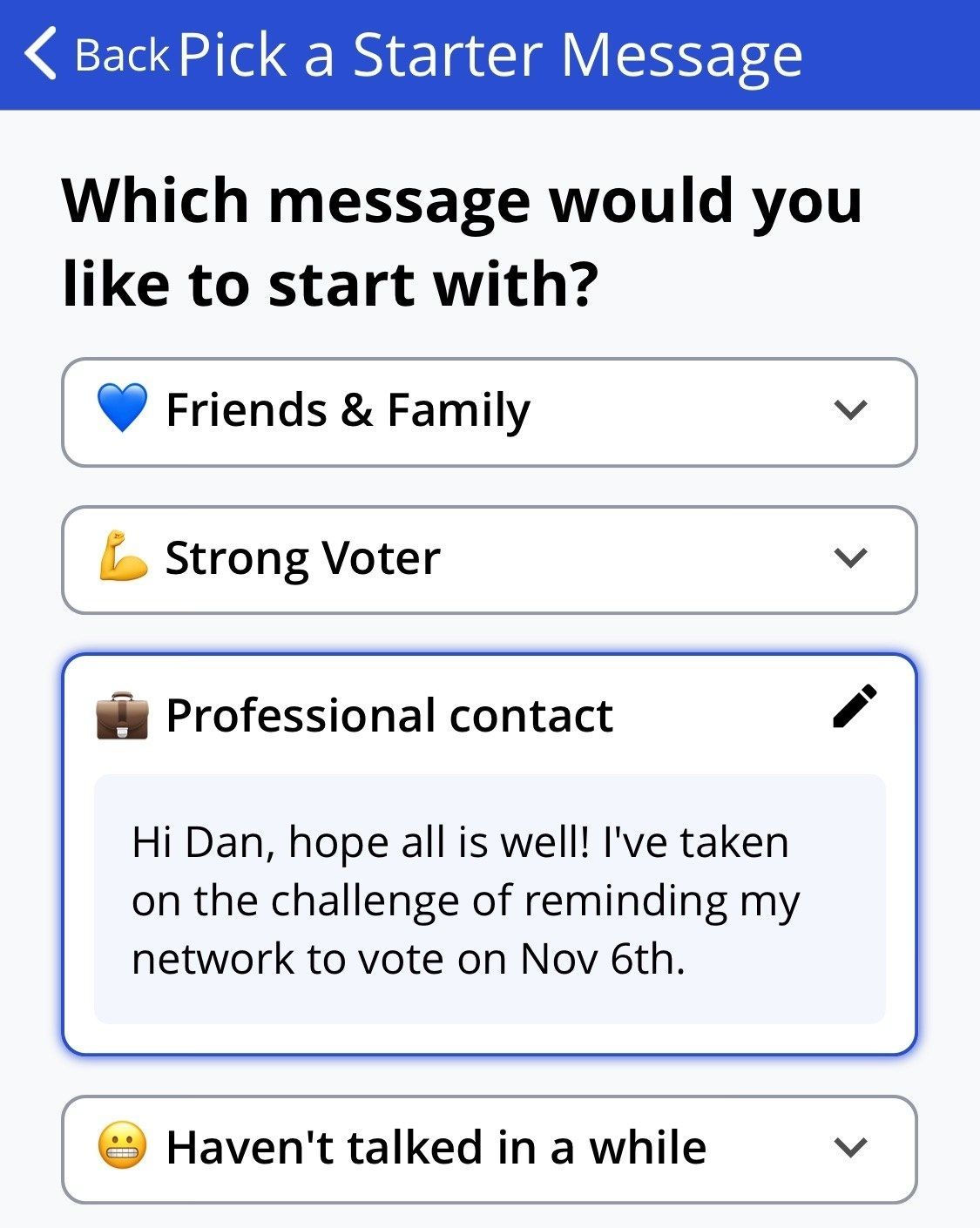 投票ウィズミーアプリは、連絡先の投票記録を検索します