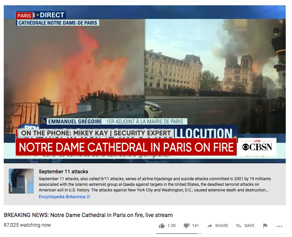 Le nouvel outil de vérification des faits de YouTube a signalé la couverture des incendies de Notre-Dame et joint un article sur le 11 septembre