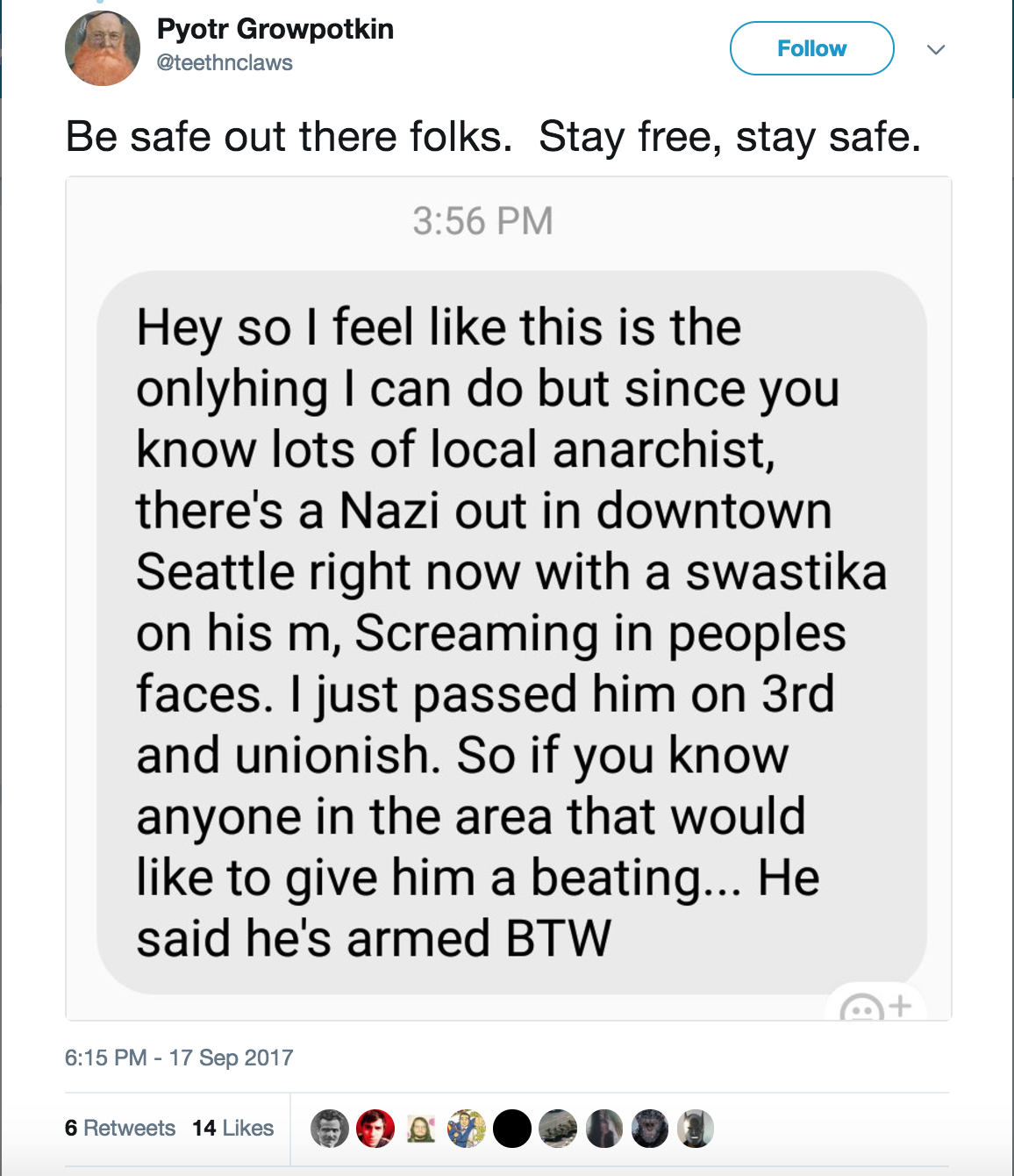 Antifasistit löysivät Twitterin avulla neonatsin kävelemään Seattlen ympäri ja hakkasivat hänet