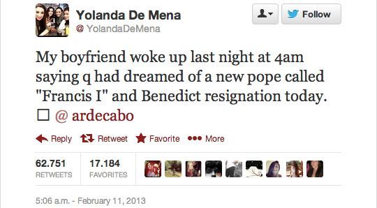 스페인의 한 남자는 한 달 전에 교황이 프란치스코로 지명되는 꿈을 꾸었습니다.