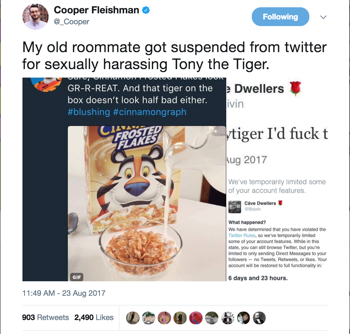 Denne fyr blev suspenderet fra Twitter, efter at han havde chikaneret Tony Tiger