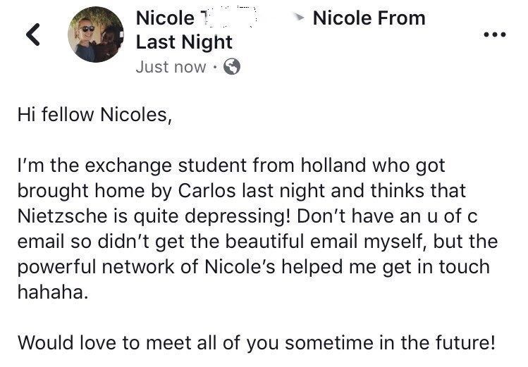 Un chico le envió un correo electrónico a 246 Nicoles tratando de encontrar al que conoció en un bar y ahora son todos amigos