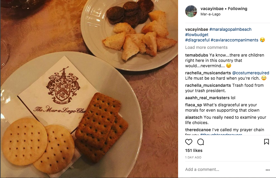 Ein Instagrammer beschwerte sich über den Kaviar, der in Trumps Resort serviert wurde, und die Leute sind wütend