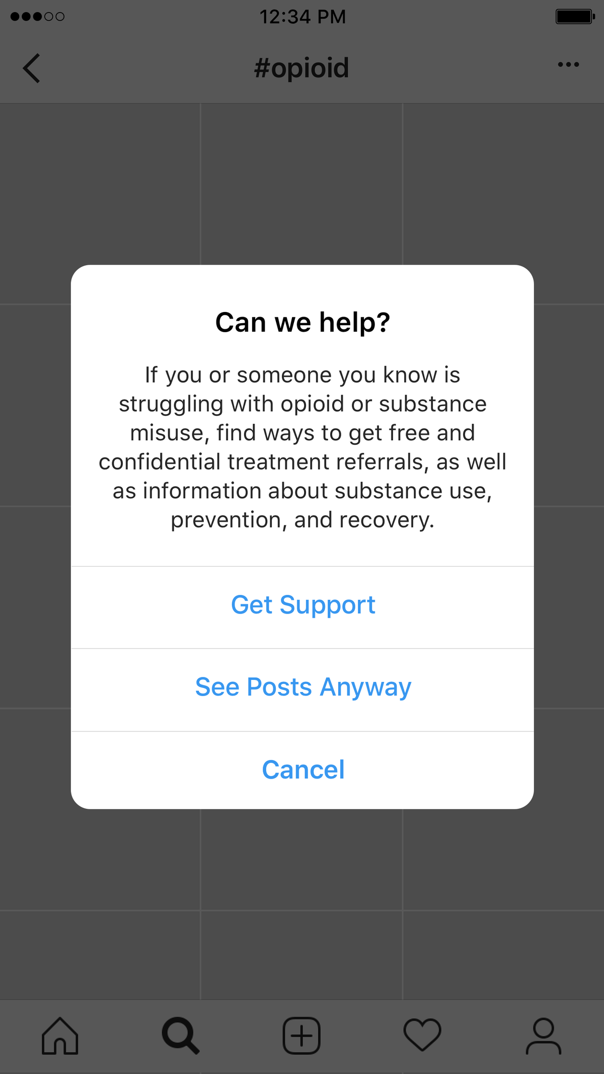 Instagram mostrará una ventana emergente de 'Obtener soporte' cuando los usuarios busquen hashtags relacionados con opioides