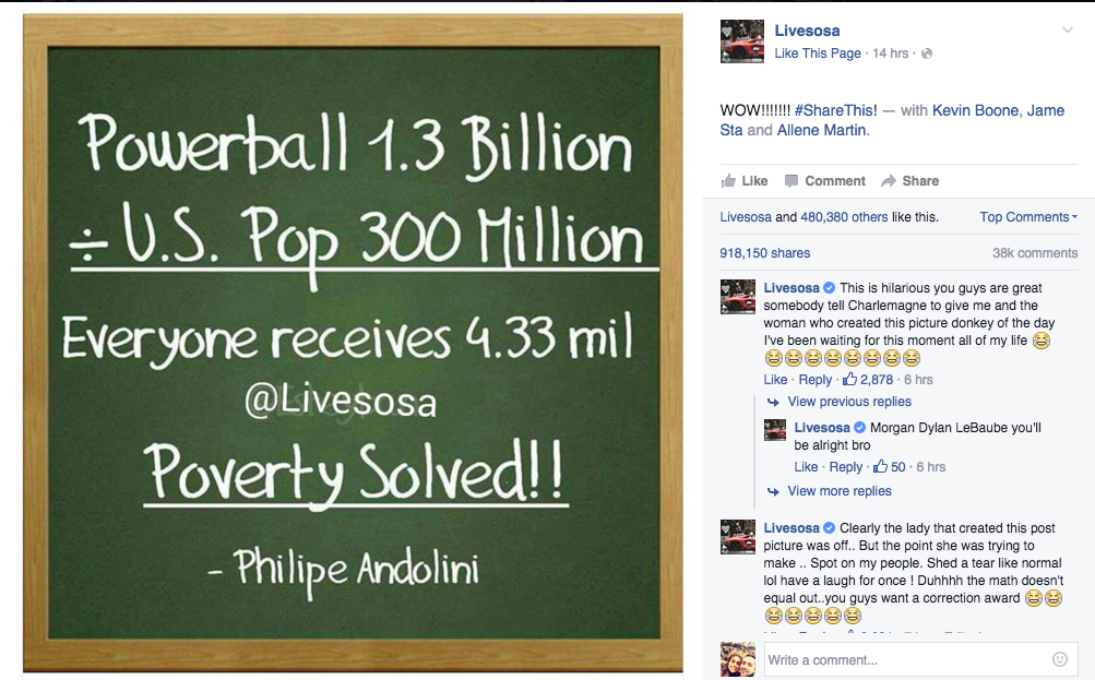 Virusinis memas, teigiantis, kad mes galime išspręsti skurdą padaliję „Powerball“ yra tikrai, tikrai neteisinga