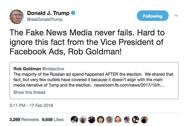 Trump käyttää Facebook Exec -twiittiä kutsuakseen mediaa valeuutisiksi